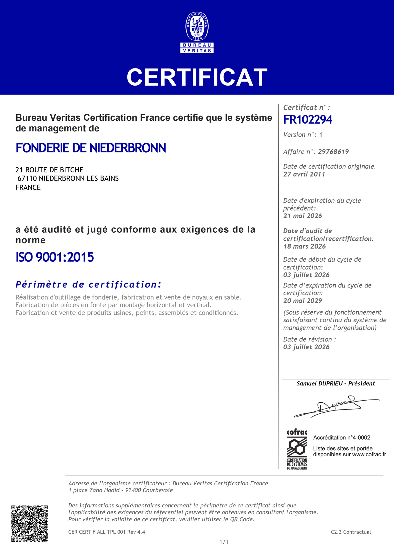 Certificat ISO 2025 Certifcat officiel ISO 9001:2015 de la Fonderie de Niederbronn